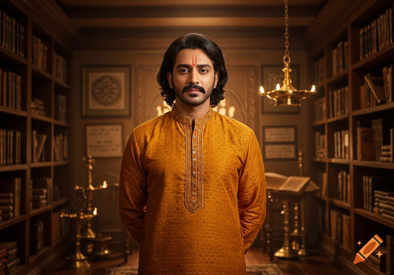 A handsome man with a mustache and a bindi, wearing a gold kurta, stands in a richly decorated library.