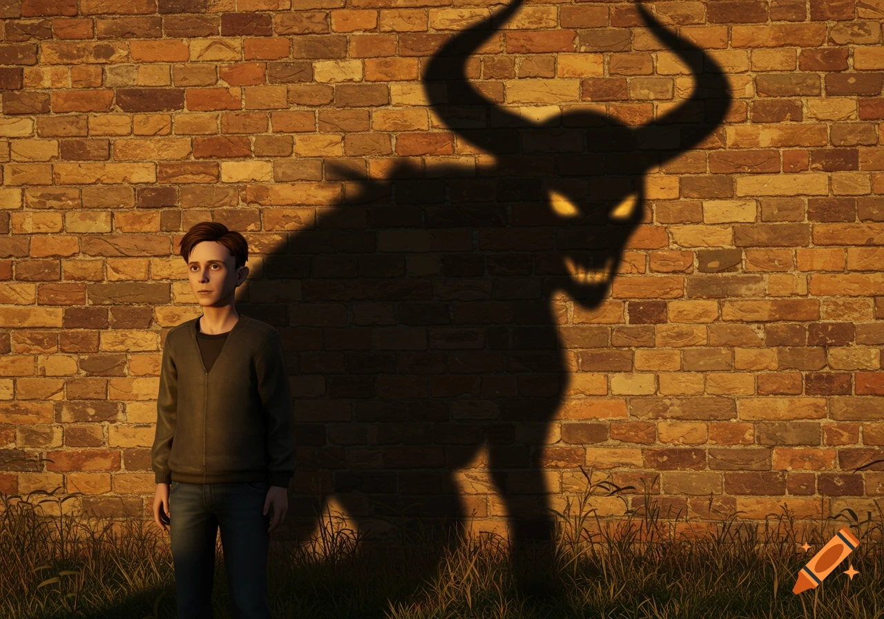 A boy stands in front of a brick wall, his shadow depicting a horned devil with glowing eyes and a menacing grin.