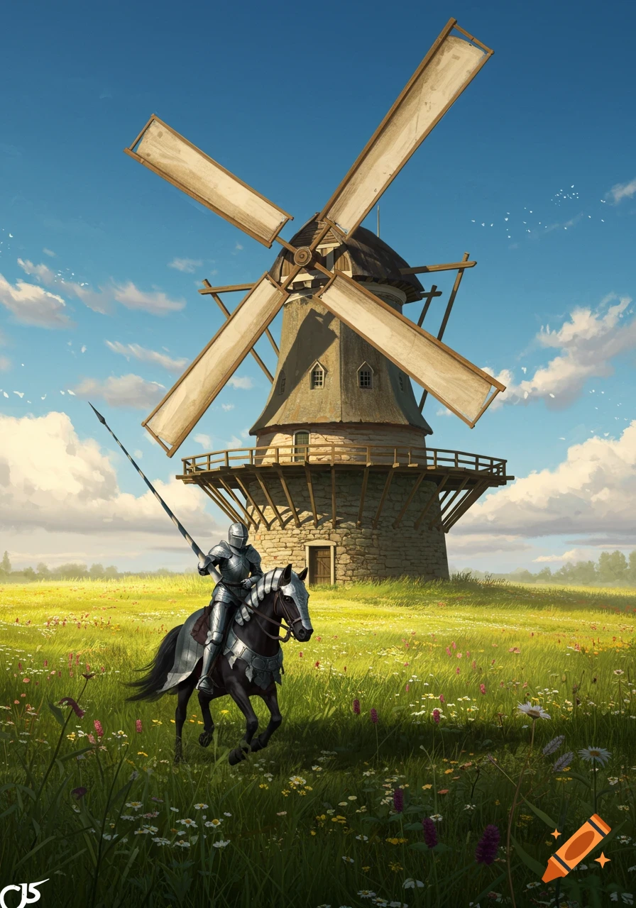 A knight in shining armor rides a horse across a wildflower field towards a large Dutch windmill under a blue sky.