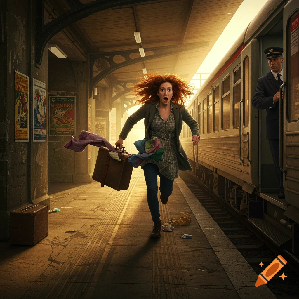 A frazzled woman with wild red hair runs frantically down a train platform, her suitcase spilling clothes, as a train pulls away and a conductor watches.