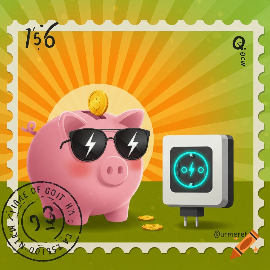 An illustration of a stamp depicting a pink piggy bank wearing sunglasses next to a glowing blue electrical outlet, with a golden coin on top of the piggy bank and two coins on the grass.