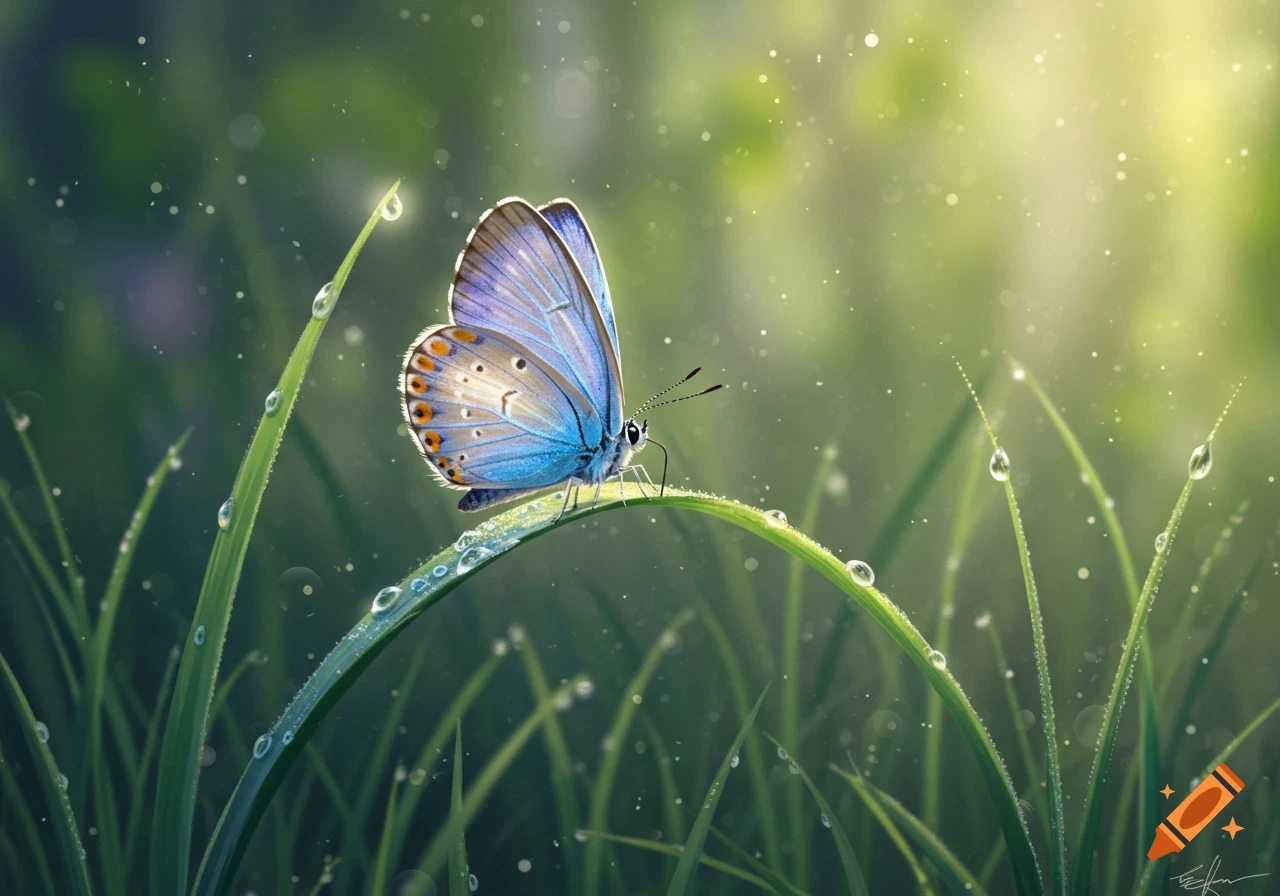A vibrant blue butterfly with orange spots rests on a dewy blade of grass in a sunlit, soft-focus natural setting.