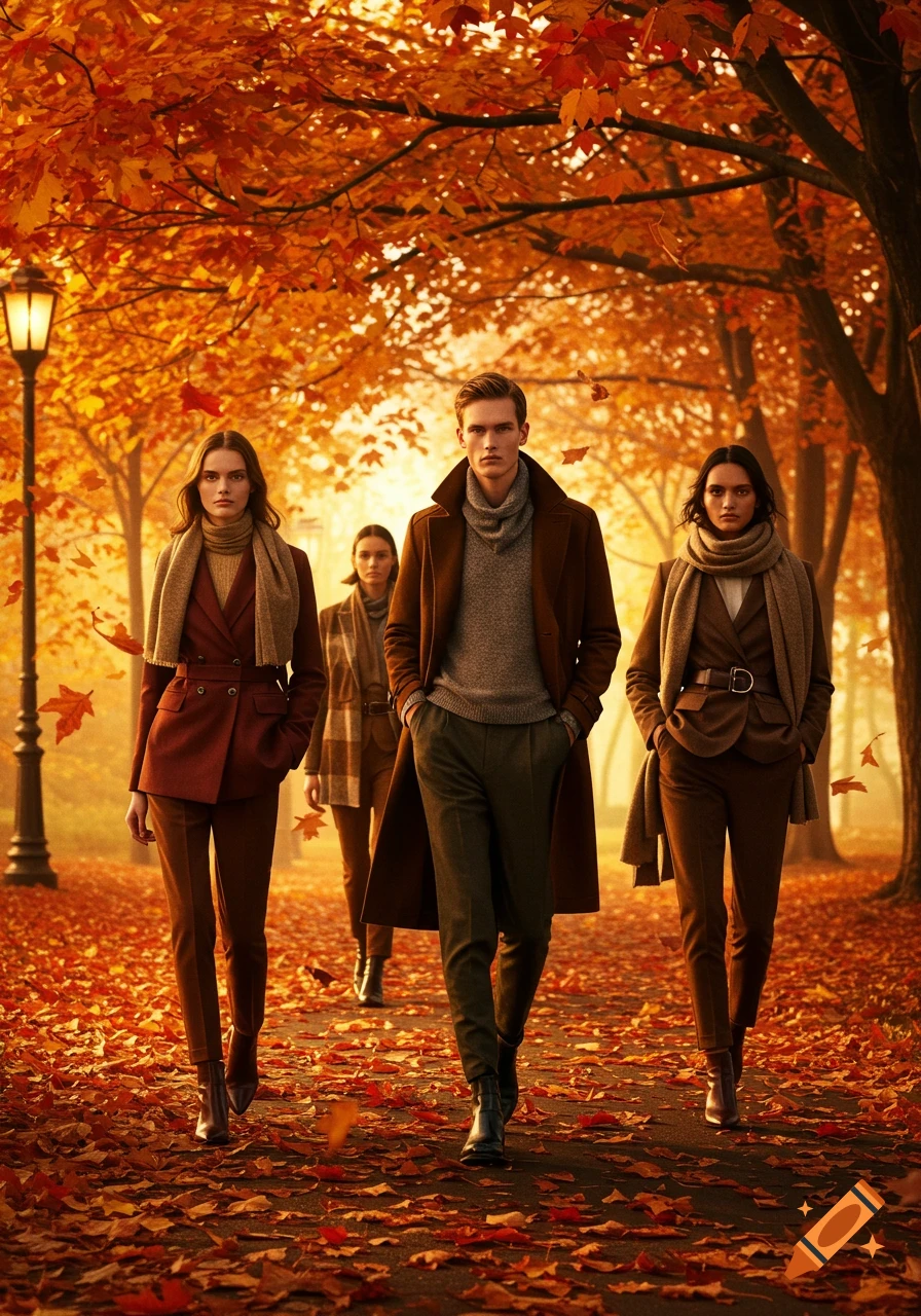 Four models in stylish autumn clothing walk on a leaf-covered path in a park with vibrant orange trees, bathed in warm light.
