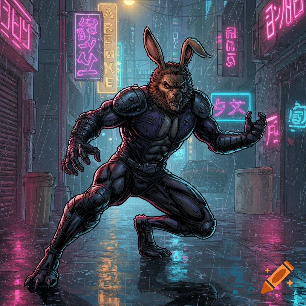 A muscular, anthropomorphic rabbit-headed superhero in a dynamic pose on a rainy cyberpunk street with neon signs, comic book art.