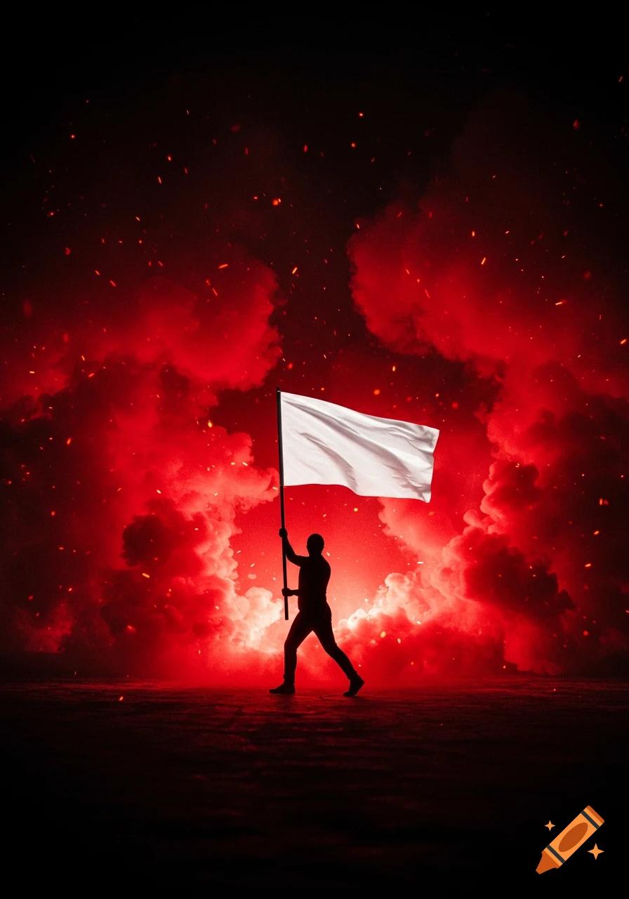 Silhouette of a person holding a white flag against a dramatic red and black smoky background with glowing embers.