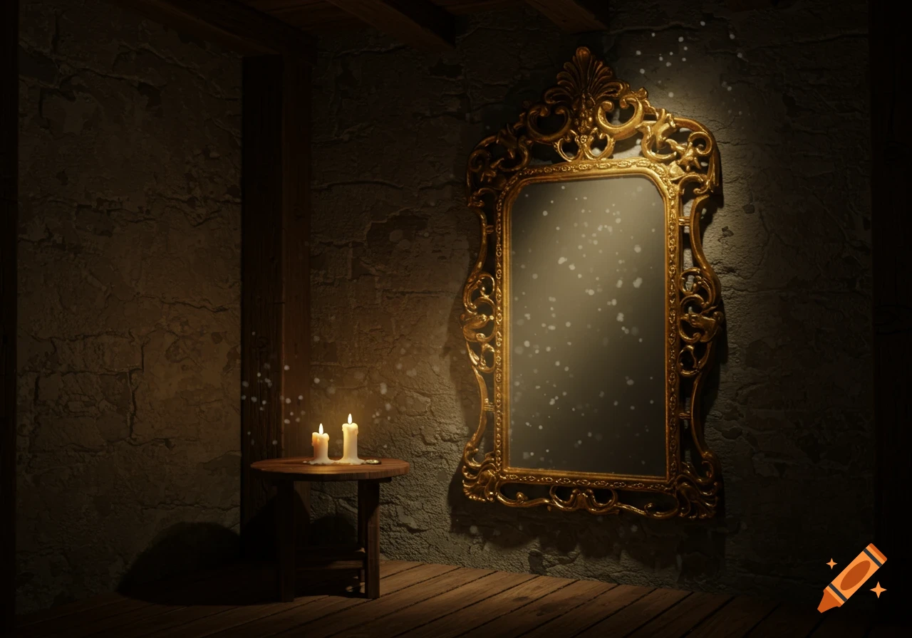 A dark room featuring an ornate golden mirror and a small wooden table with two lit candles, surrounded by glowing particles.