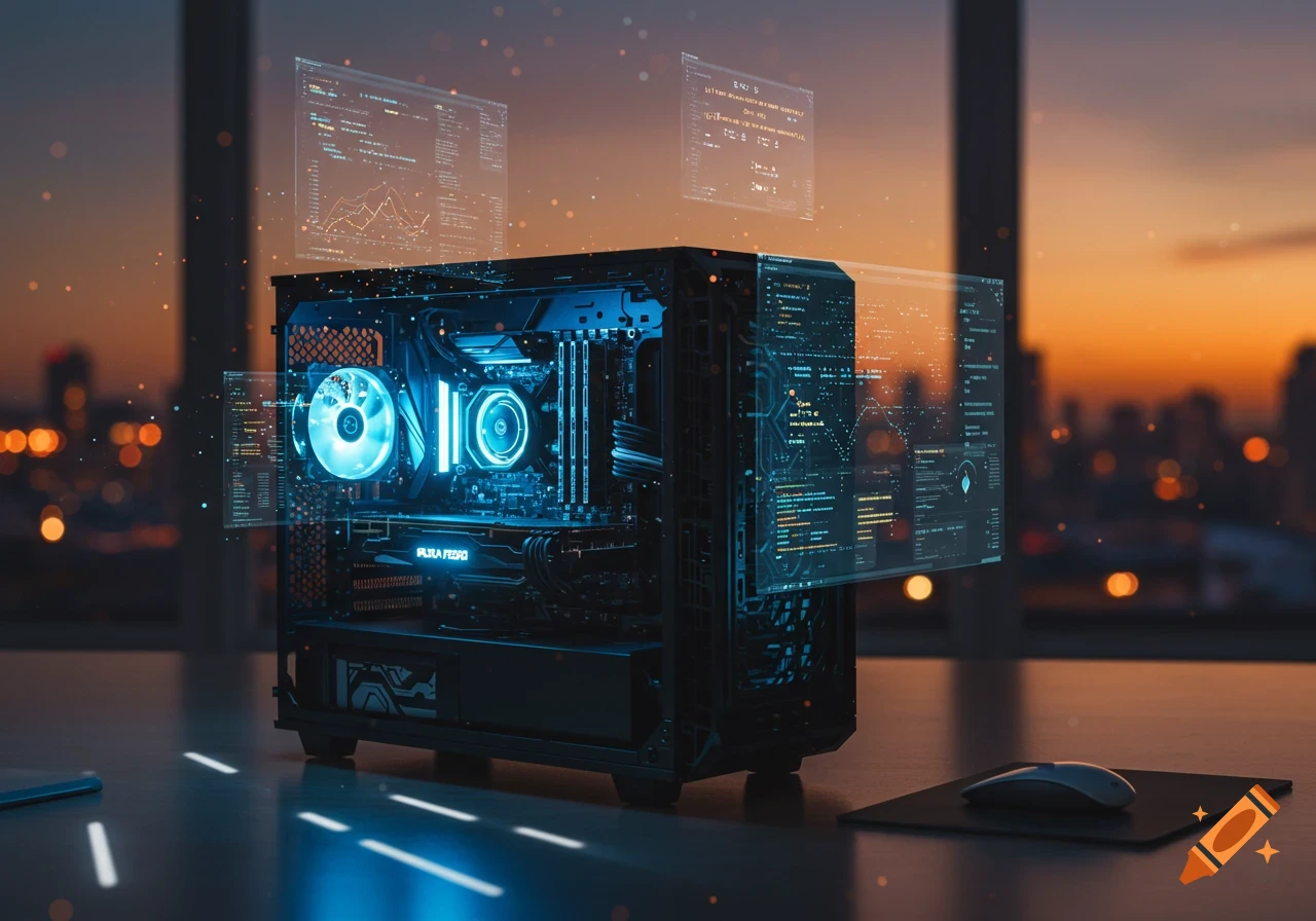 A high-end gaming PC with glowing blue internal components and holographic data displays on a desk, set against a city sunset.