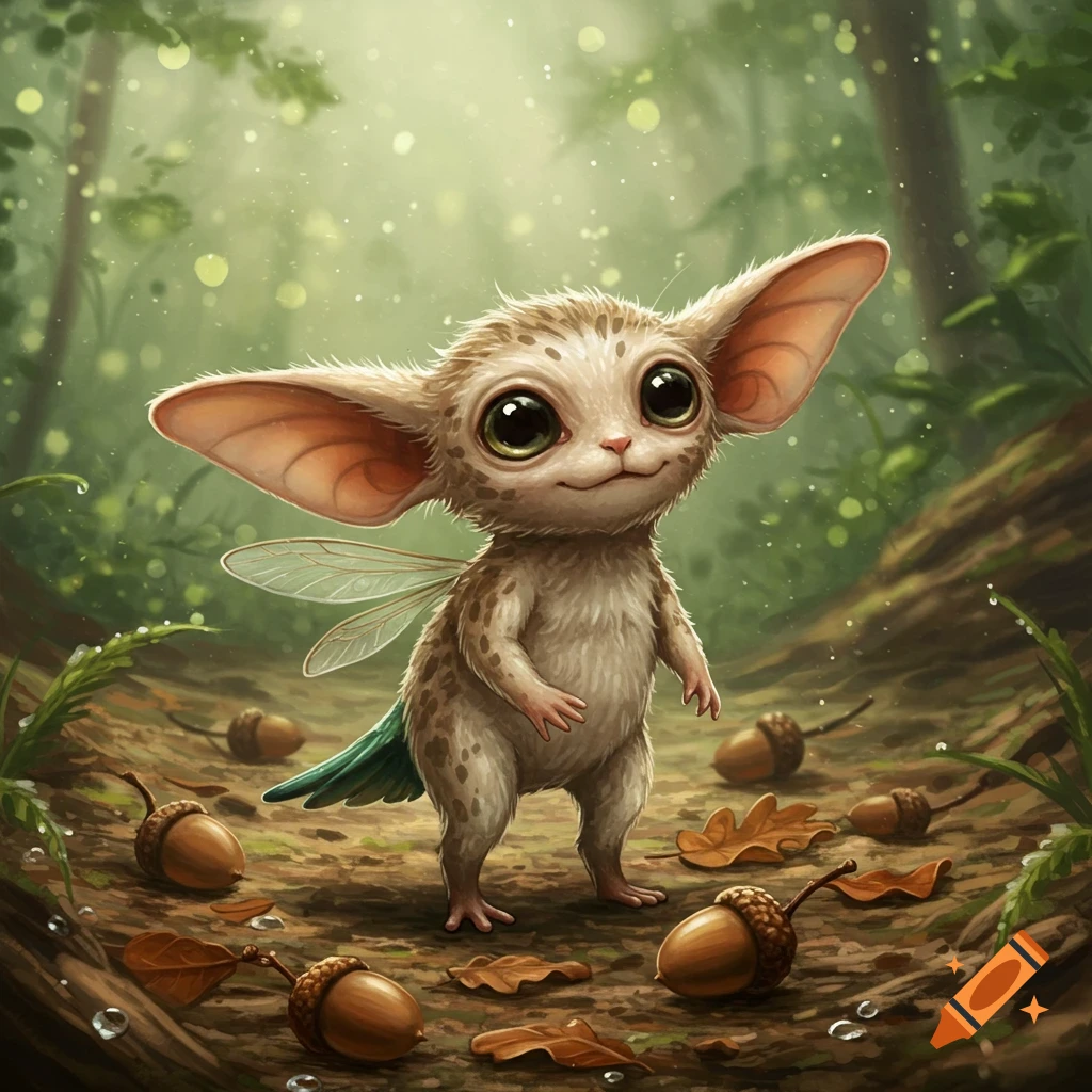 A cute, furry, big-eared creature with tiny wings stands on a forest floor among acorns and leaves, with glowing light.