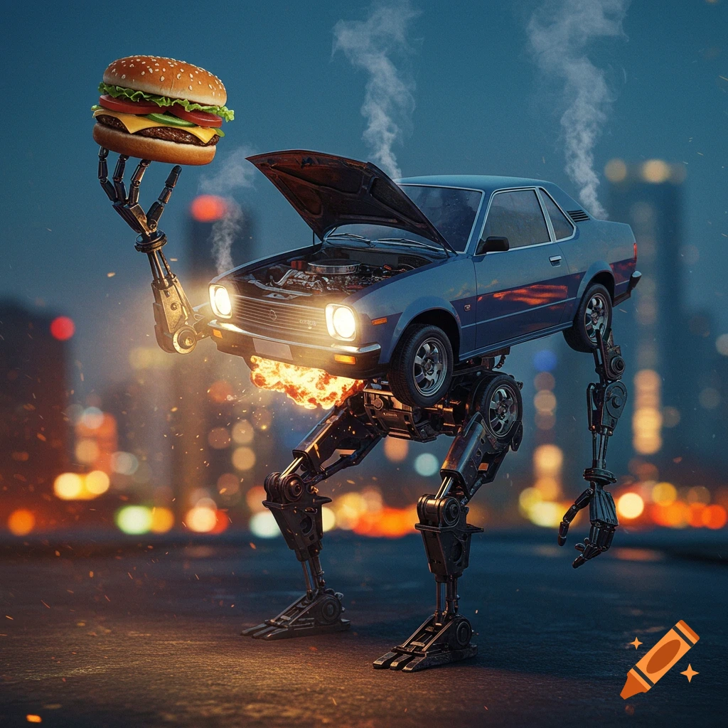 A humanoid robot made from a blue car walks on mechanical legs, holding a hamburger. Fire emanates from its engine.