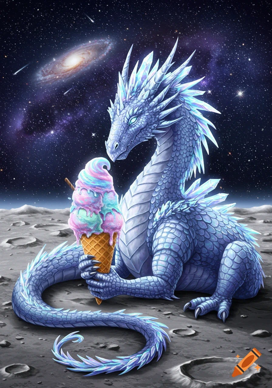 A majestic blue ice dragon with crystal spikes sits on a cratered moon surface, holding a giant pastel ice cream cone under a starry galaxy sky.