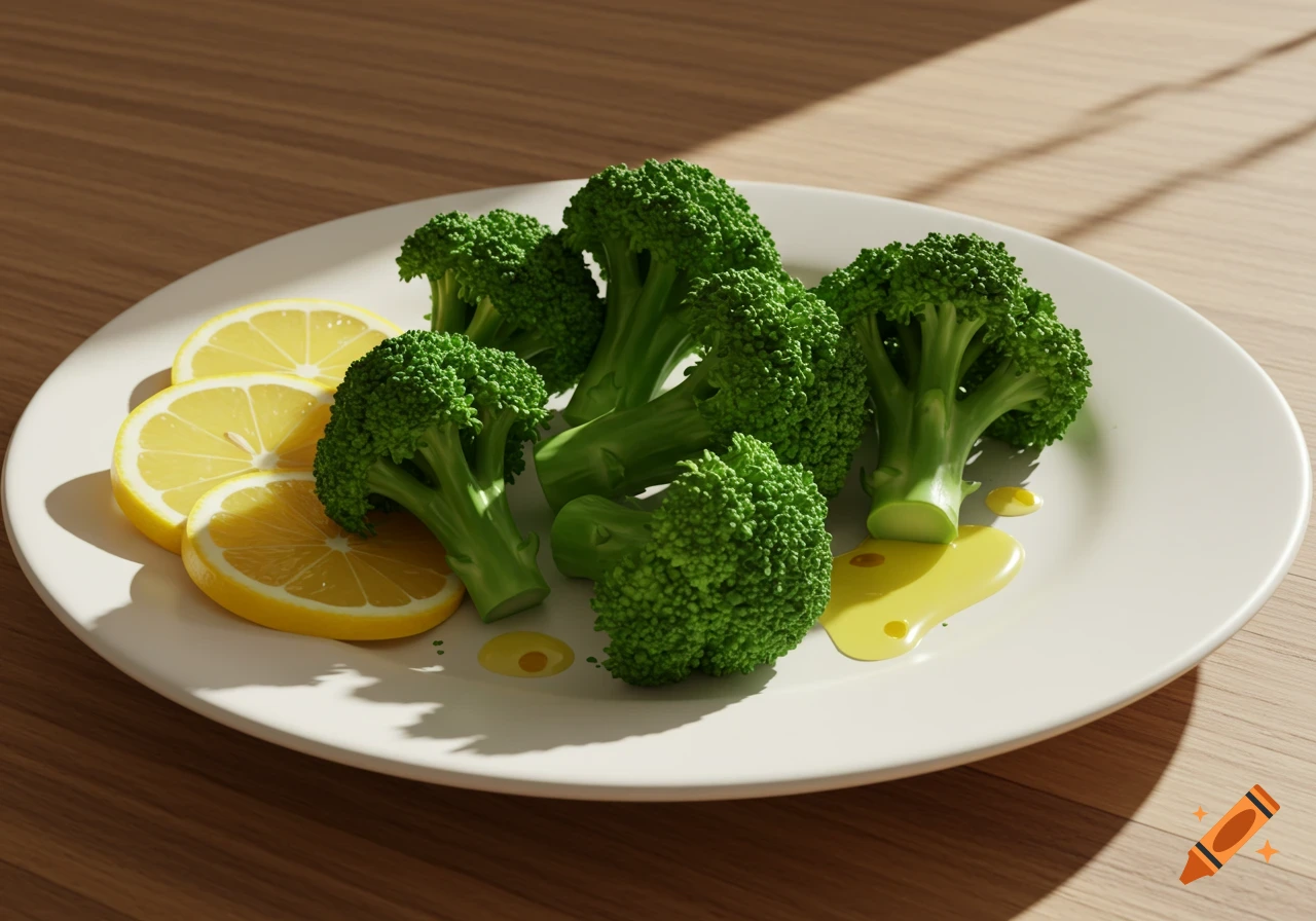 Photorealistic image of fresh steamed broccoli florets and lemon slices on a white plate with olive oil, on a wooden table.