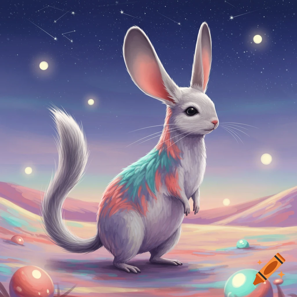 A white, long-eared creature with pink and teal fur patches stands on a colorful alien landscape under a starry night sky.