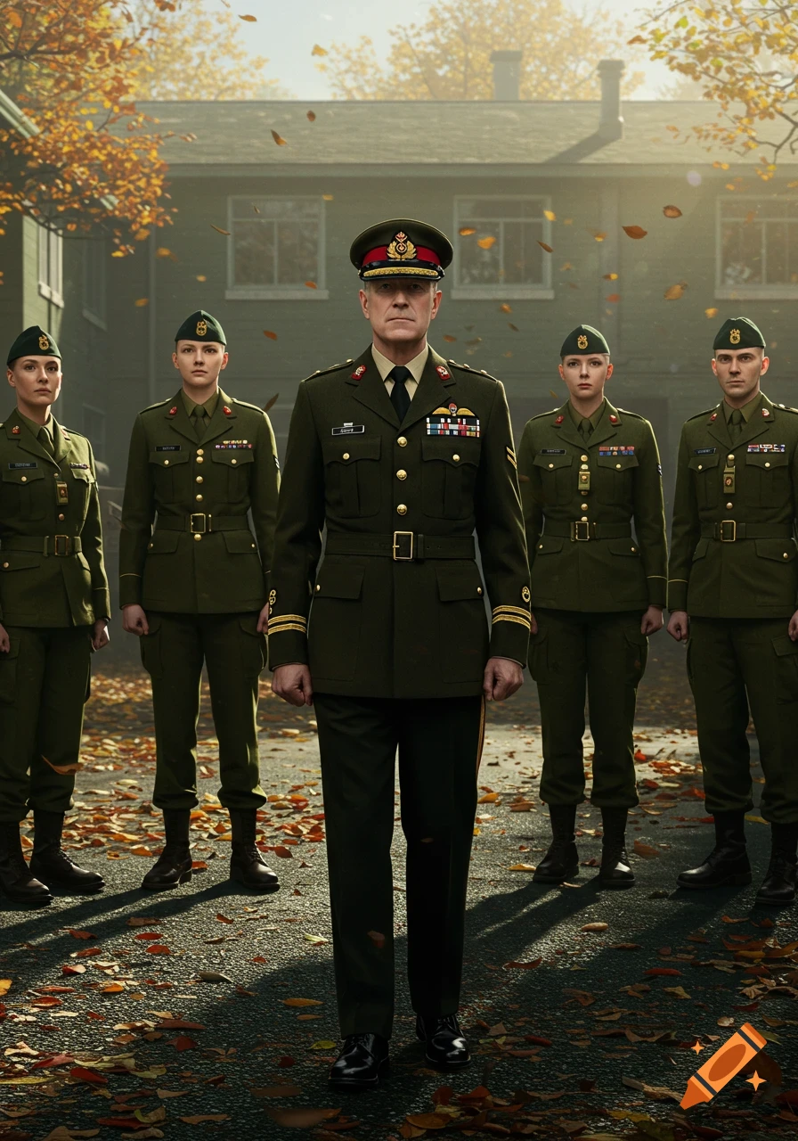 Five military personnel in green uniforms stand at attention on an autumn day with fallen leaves. A male officer is in the foreground.