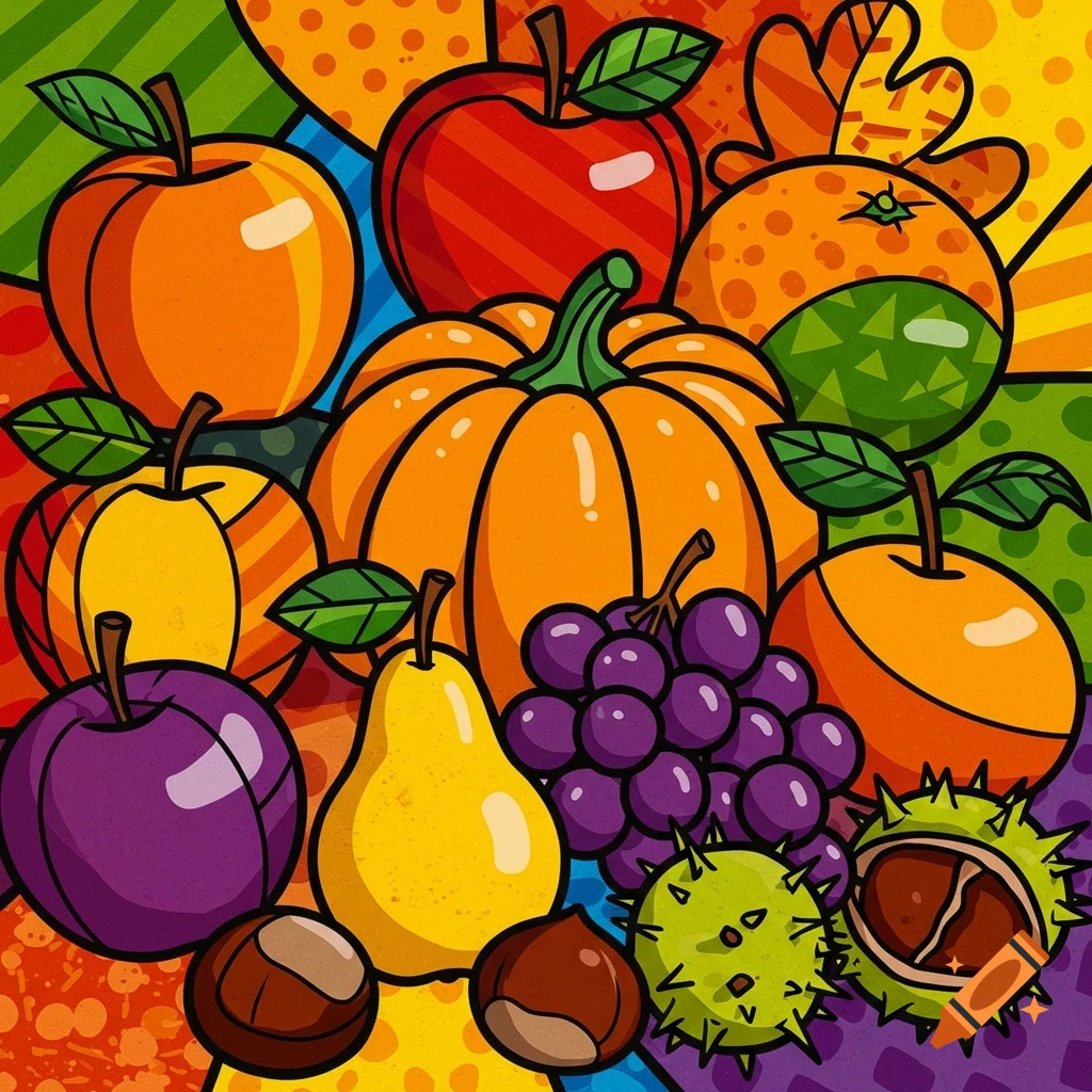 Vibrant, pop art illustration of autumn fruits and nuts: apples, pumpkin, grapes, pear, plum, and chestnuts.