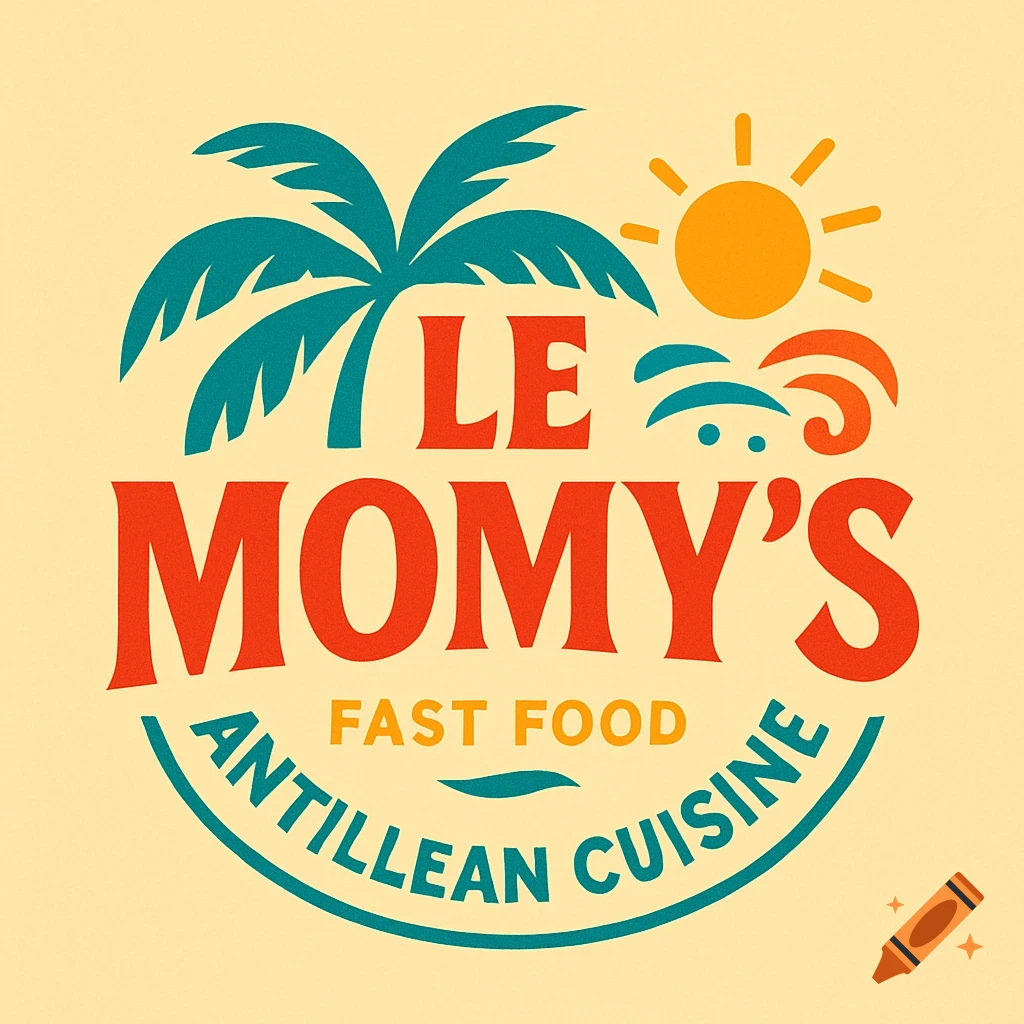 LE MOMY'S logo with a palm tree, sun, and waves. Text reads "FAST FOOD ANTILLEAN CUISINE" in a vintage graphic style.