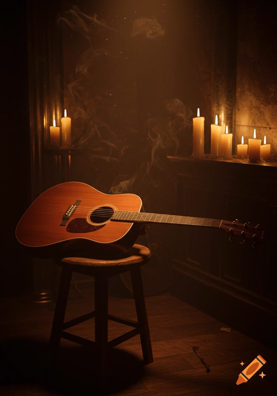 An acoustic guitar rests on a wooden stool in a dark room, illuminated by the warm glow of several lit candles and smoke swirling in the air.
