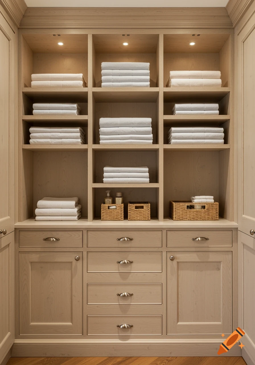 A light wood linen closet with multiple shelves stacked with white towels, drawers, and lower cabinet doors. Two wicker baskets with small bottles are on a shelf.