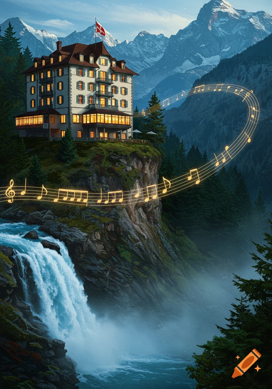 A majestic hotel on a cliff overlooking a waterfall and mountains, with glowing musical notes floating in the air.