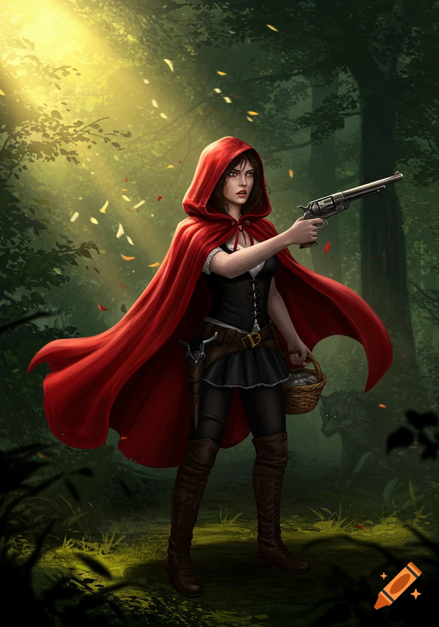 Illustrated Little Red Riding Hood in a forest, aiming a gun, holding a basket, with a lurking wolf in the background.