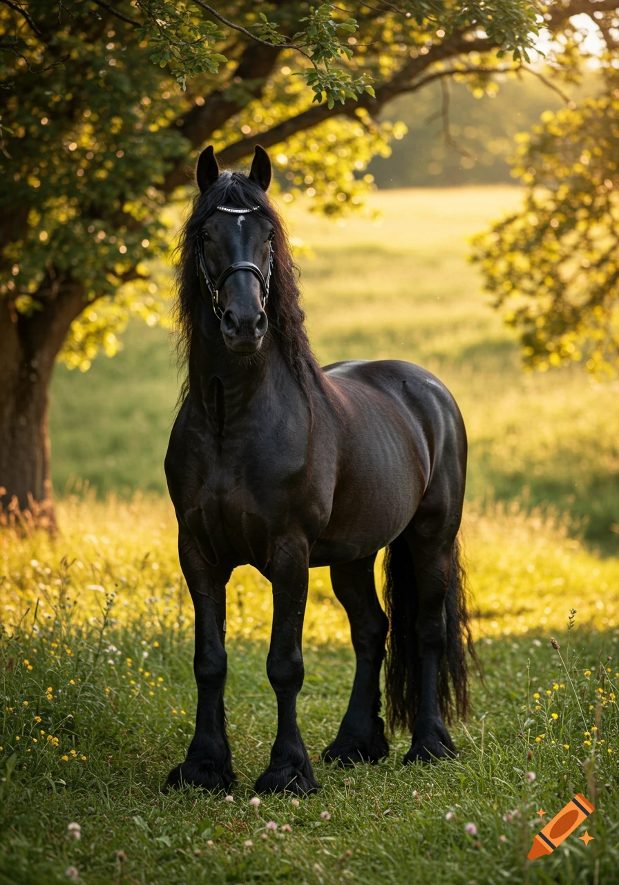 A majestic black Friesian horse with a flowing mane and tail stands in a sunlit green field under a tree.