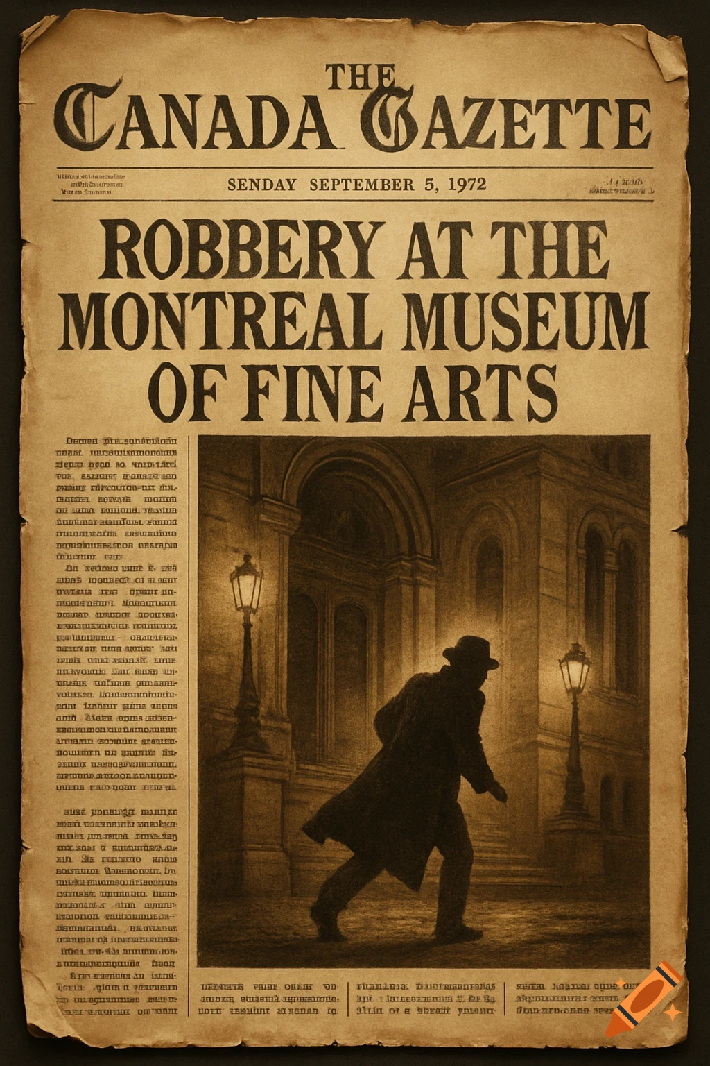An old newspaper front page, 'The Canada Gazette', headlining 'ROBBERY AT THE MONTREAL MUSEUM OF FINE ARTS', dated 'SEPTEMBER 5, 1972'. An illustration below shows a silhouetted man in a coat and hat walking at night past a building.