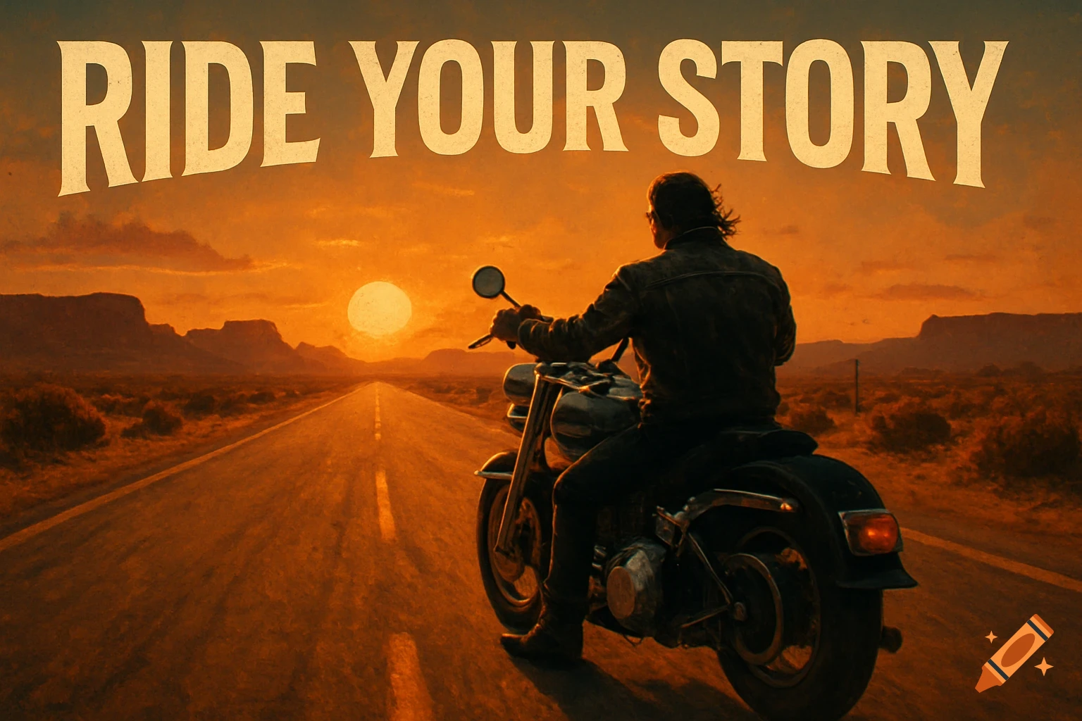 A lone biker on a motorcycle rides into a vibrant orange sunset on a desert highway, with 'RIDE YOUR STORY' text overlay. Vintage, cinematic style.