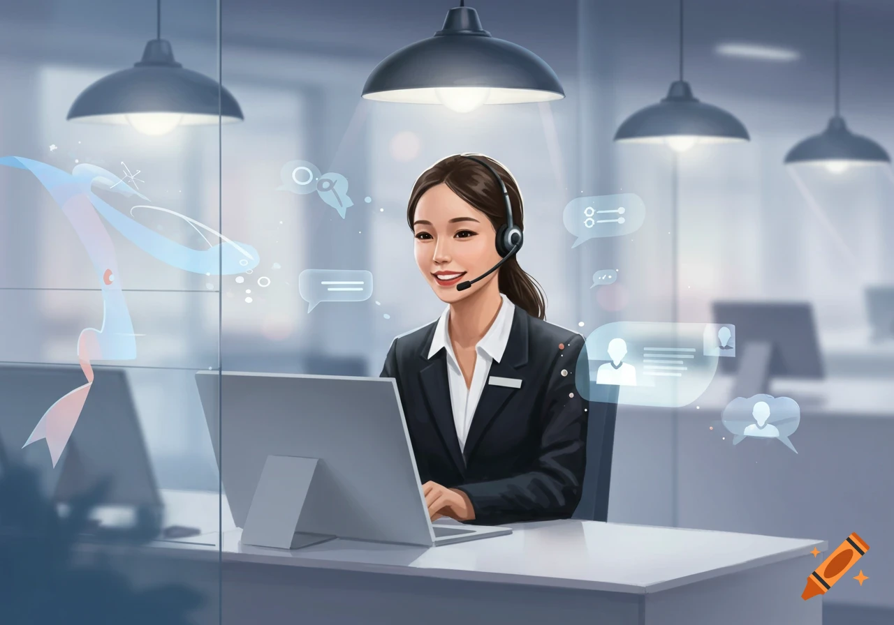 A smiling woman in a headset works at a computer in a modern office with floating holographic chat icons, illustrating customer service.