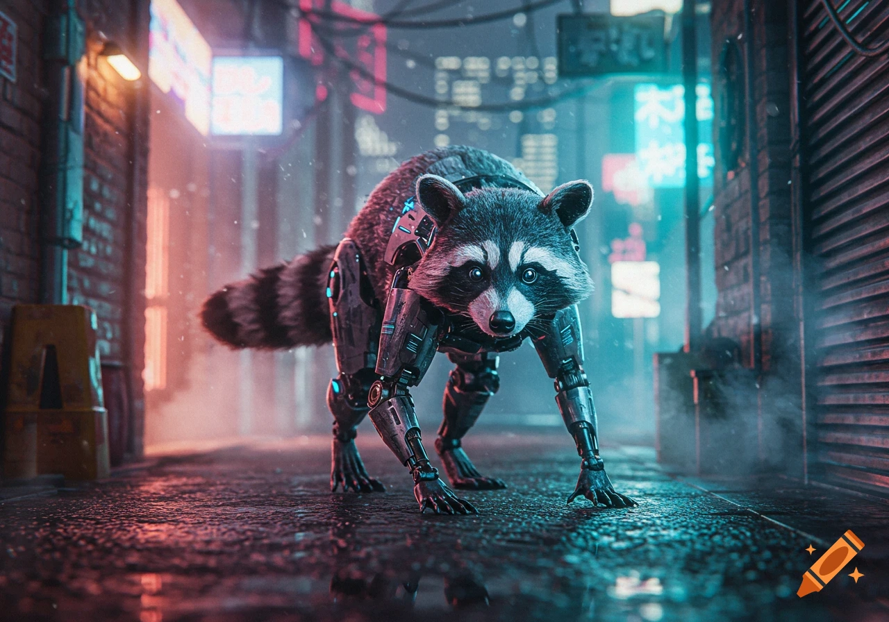 A robotic raccoon with glowing blue accents walks on a wet street in a rainy, neon-lit cyberpunk alley at night.