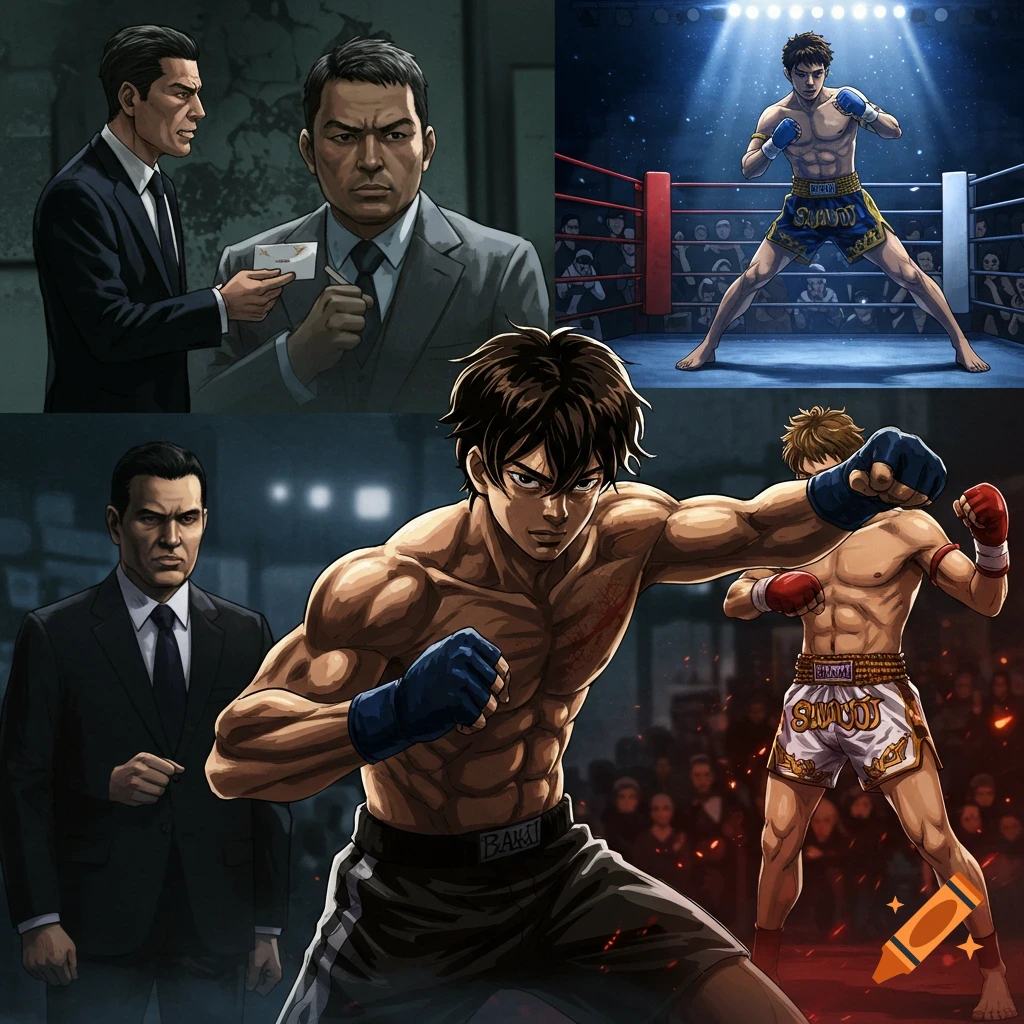 An anime collage featuring two men in suits, one handing a card, and muscular fighters in boxing rings in dynamic poses. Text 'BAKI' is visible on shorts.