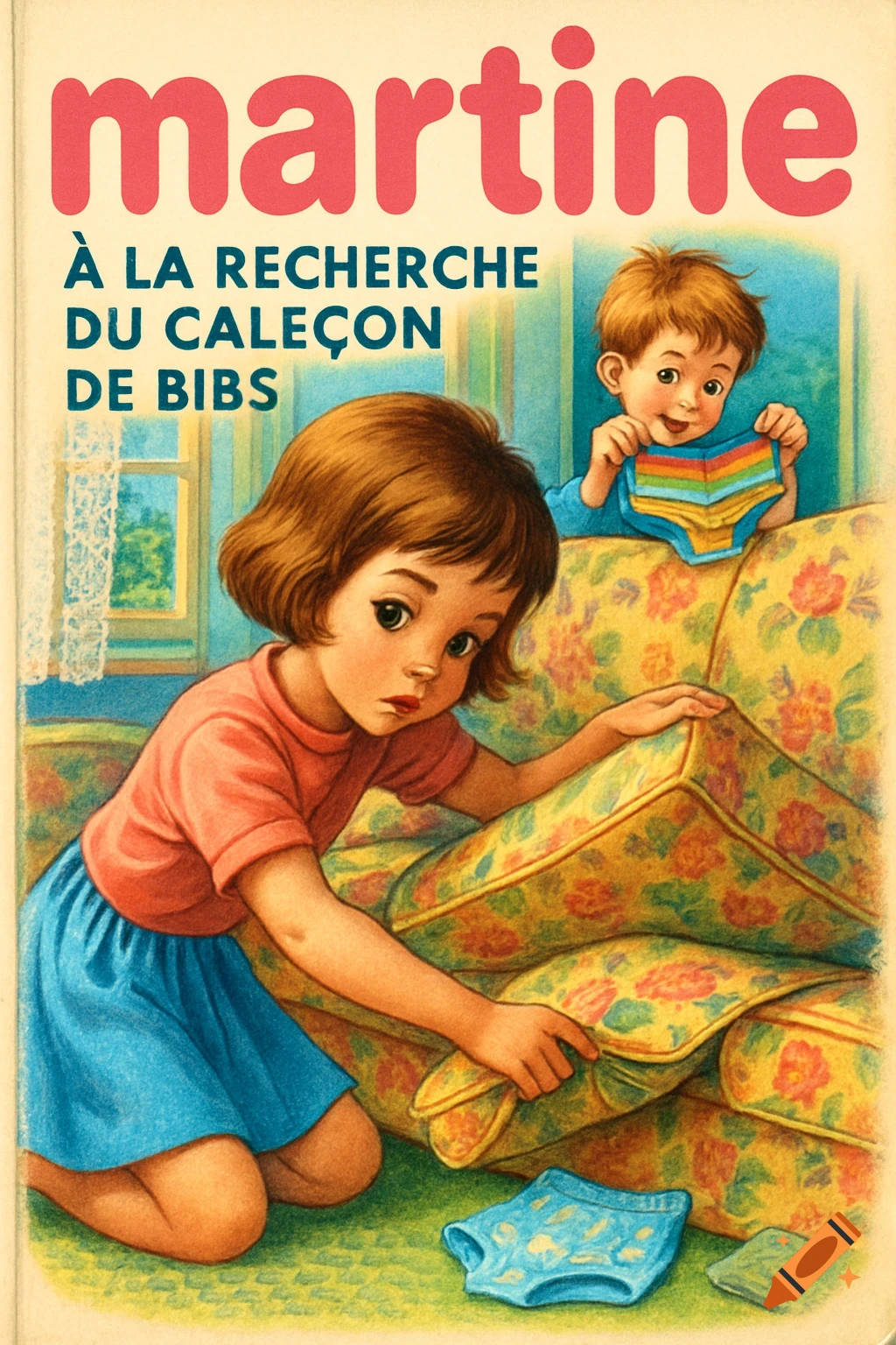 Vintage book cover illustration showing a young girl searching under couch cushions while a mischievous boy holds colorful underwear.