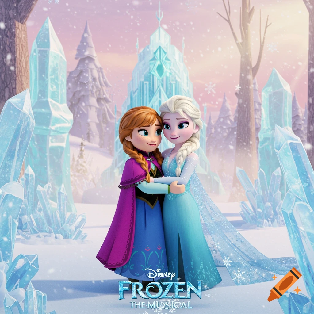 Animated Anna and Elsa from Frozen embrace in a snowy, icy landscape with an ice castle, 'Frozen The Musical' logo at bottom.