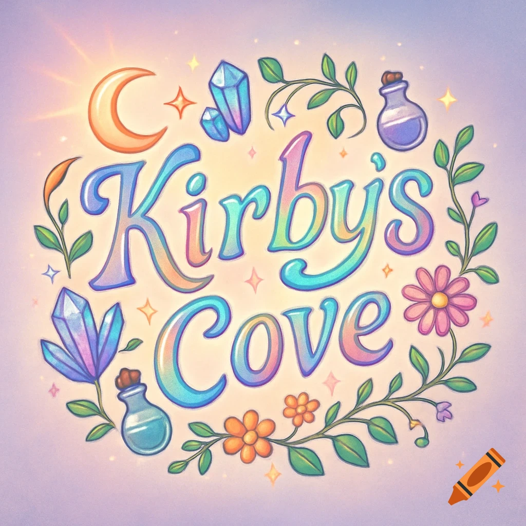 Whimsical shop logo for 'Kirby's Cove' with iridescent letters, surrounded by a crescent moon, crystals, stars, spell bottles, flowers, and vines.