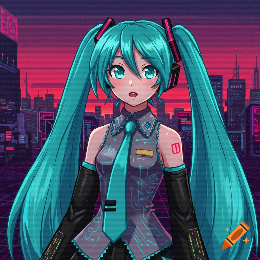 A vibrant anime portrait of Hatsune Miku in a retro-futuristic cityscape, featuring teal hair and neon colors.