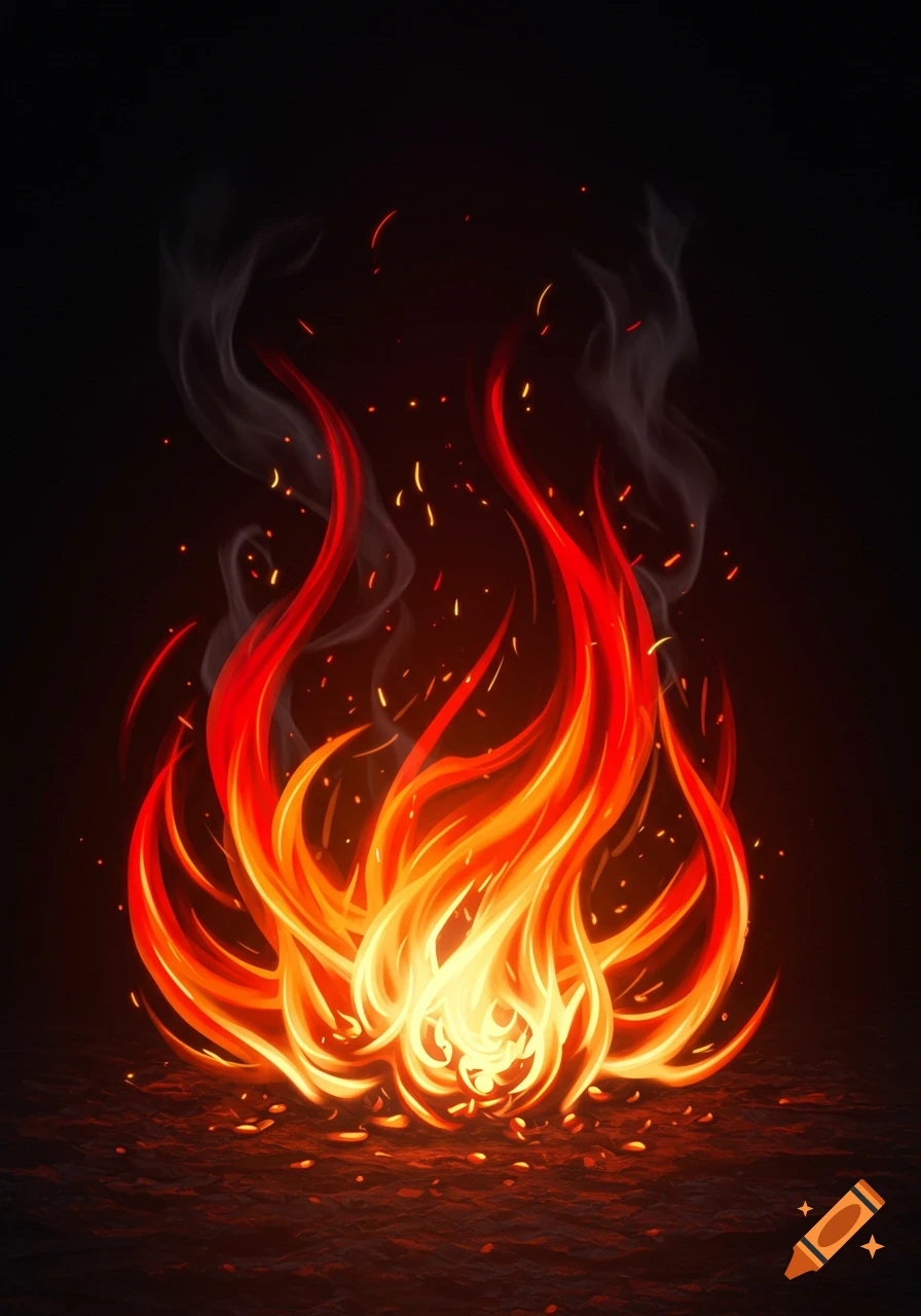 Vibrant orange and red fire flames with smoke and embers rising from a dark surface against a black background.
