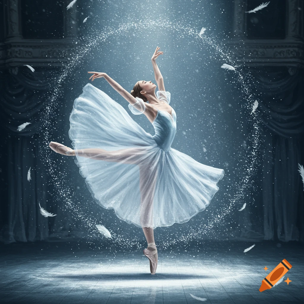 An ethereal ballerina in a light blue tutu dances en pointe on a stage, surrounded by sparkling light and falling feathers.