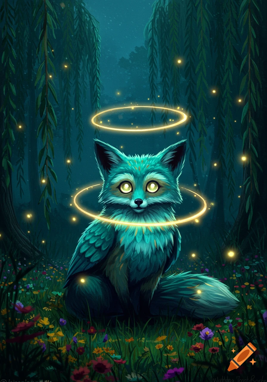 A whimsical teal fox-like creature with glowing eyes and halos sits in a field of wildflowers under willow trees, with glowing lights.