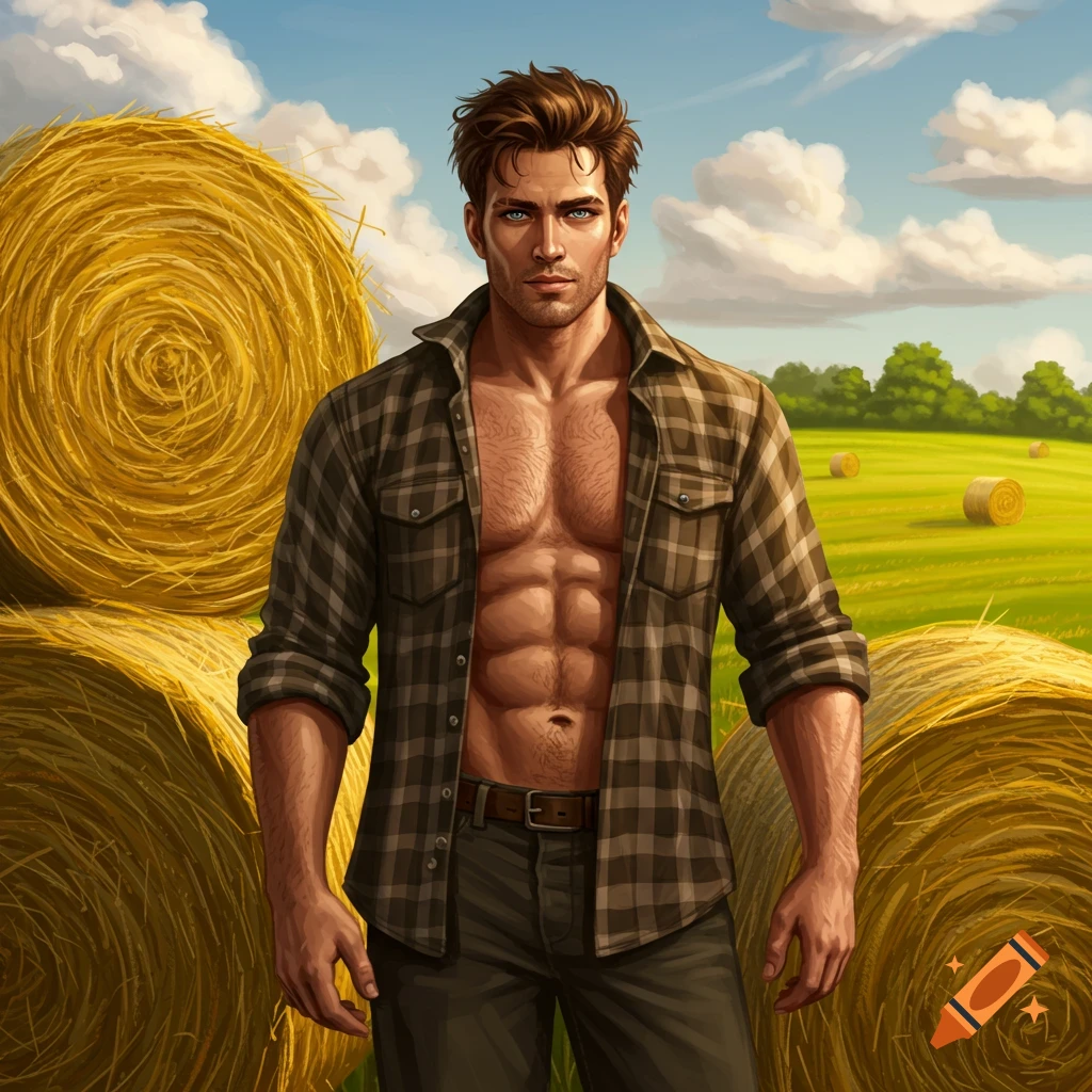 A muscular man with brown hair and blue eyes, wearing an open plaid shirt, stands among hay bales in a sunny field, digital art.