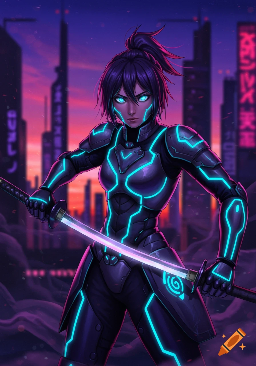 Anime-style female warrior in glowing futuristic armor holding two katanas in a neon cyberpunk city at sunset.