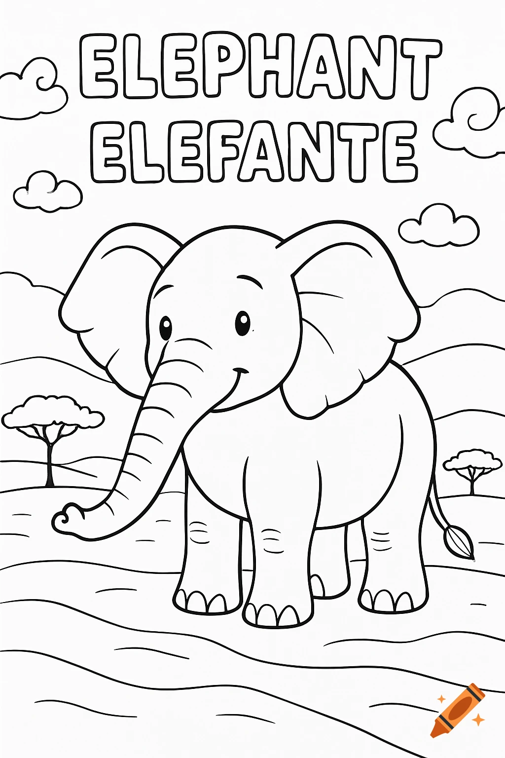 Black and white line art coloring page of a smiling cartoon elephant in an African landscape, with "ELEPHANT" and "ELEFANTE" text above.