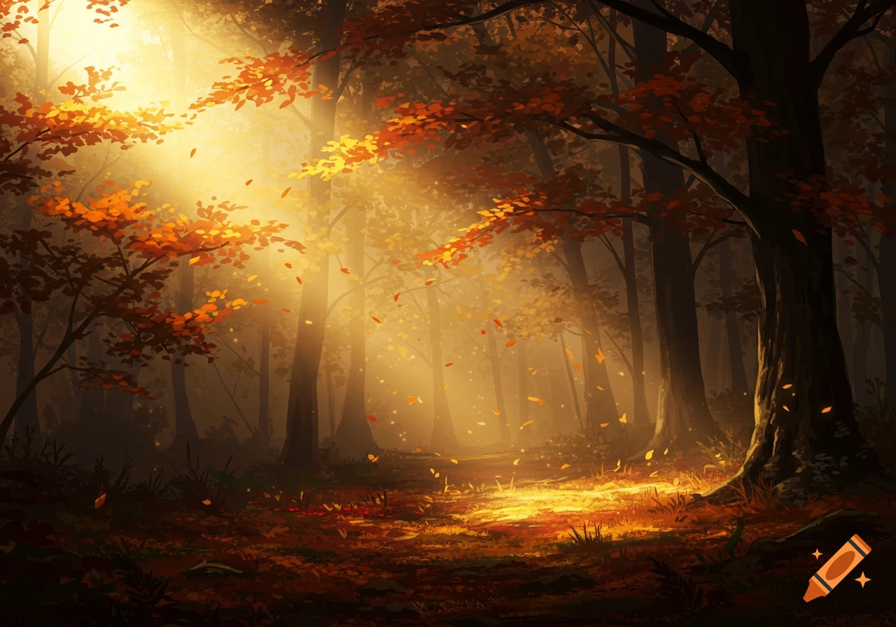 Sunlight streams through a dense autumn forest, illuminating golden and red leaves and a path on the forest floor.