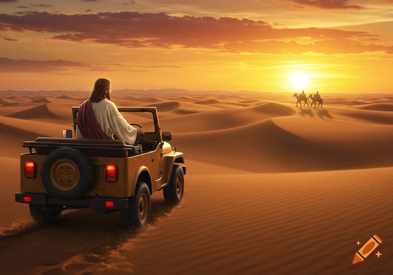 Jesus drives a vintage jeep through a vast desert at sunset, with camels in the distance, photorealistic style.
