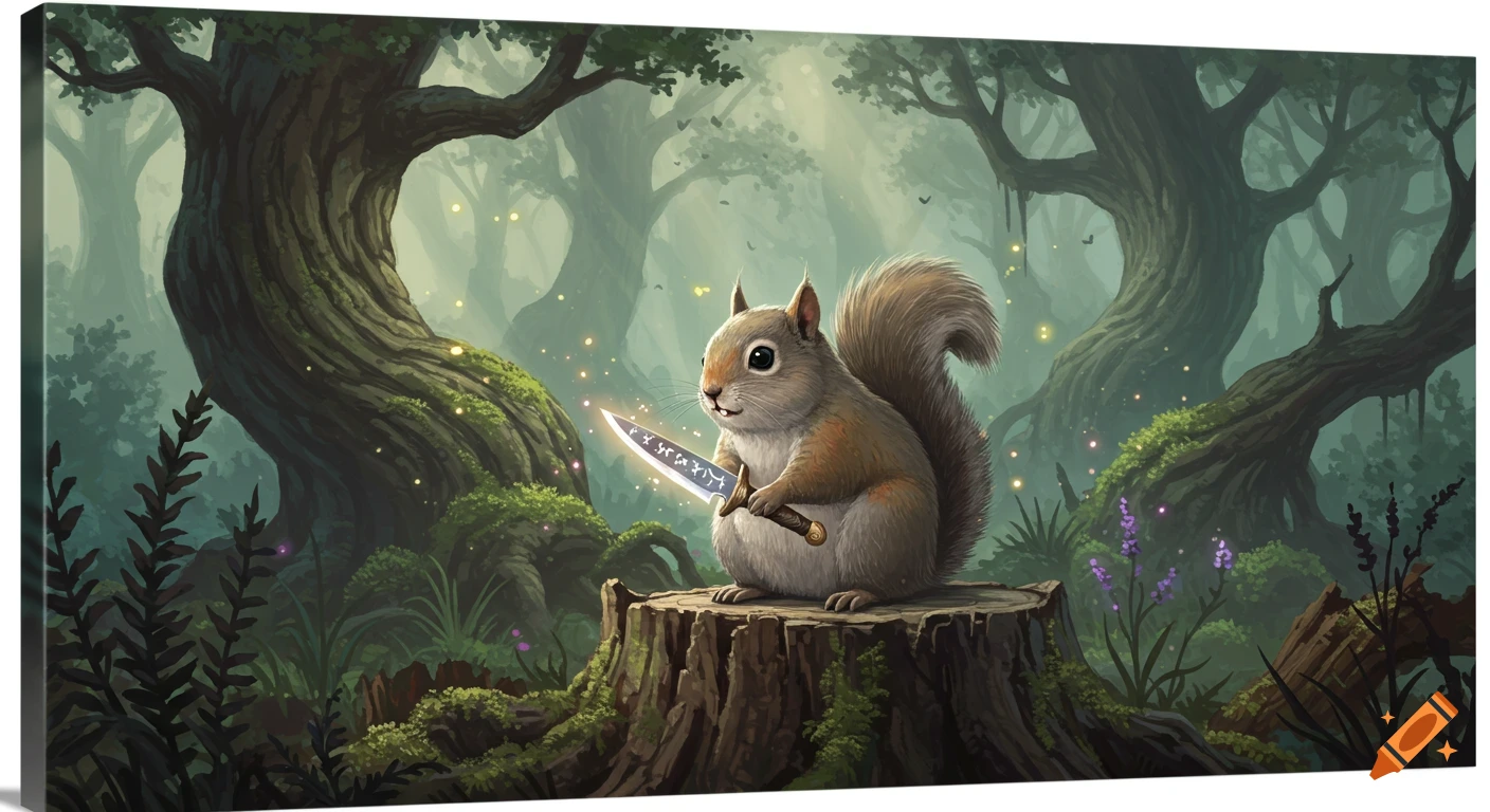 A chubby squirrel sits on a tree stump in an enchanted forest, holding a glowing knife with runes. Fantasy illustration style.