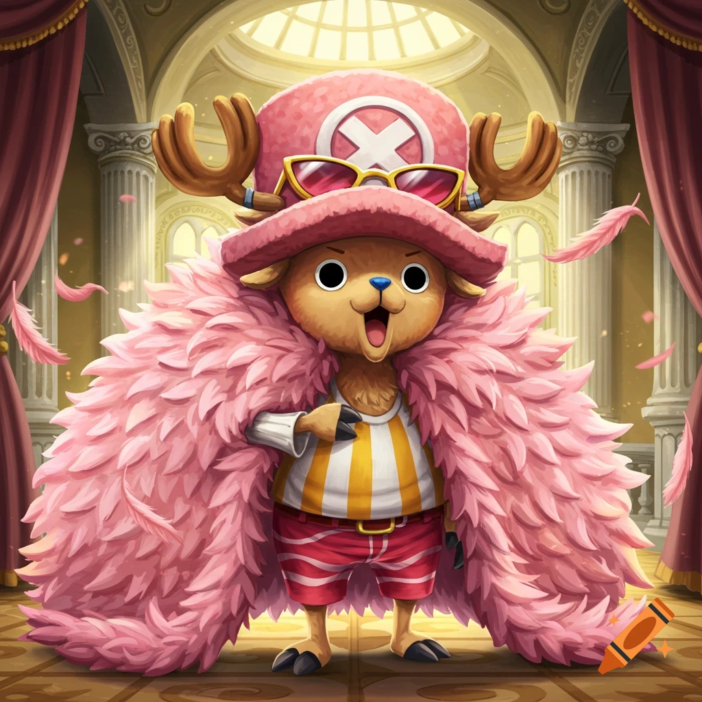 Anime character Tony Tony Chopper dressed as Doflamingo in a pink feathered coat and hat, standing in an ornate hall.