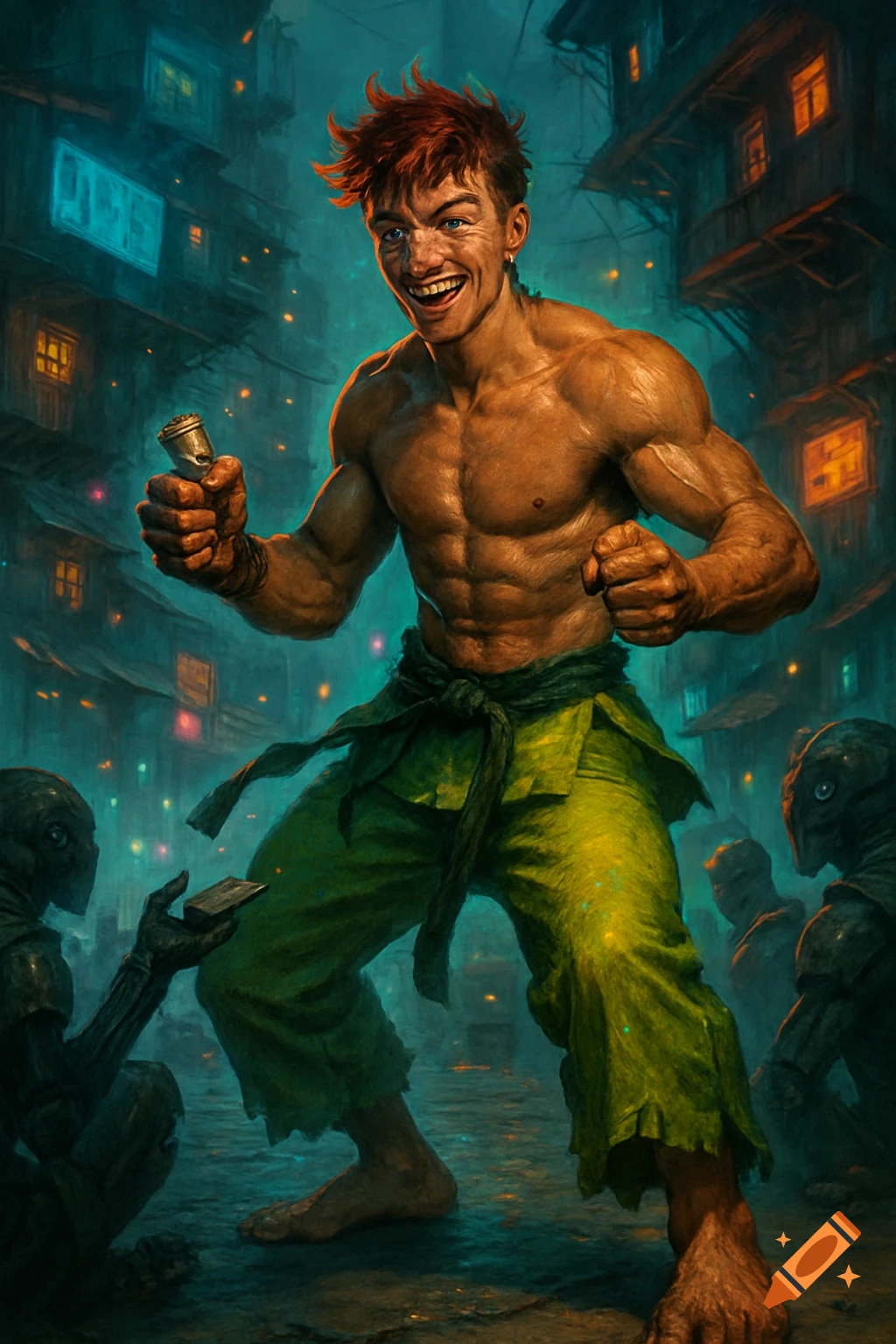 A muscular, red-haired fighter in green pants grins, holding an object, with alien figures in a neon-lit, gritty cyberpunk slum. Digital art.