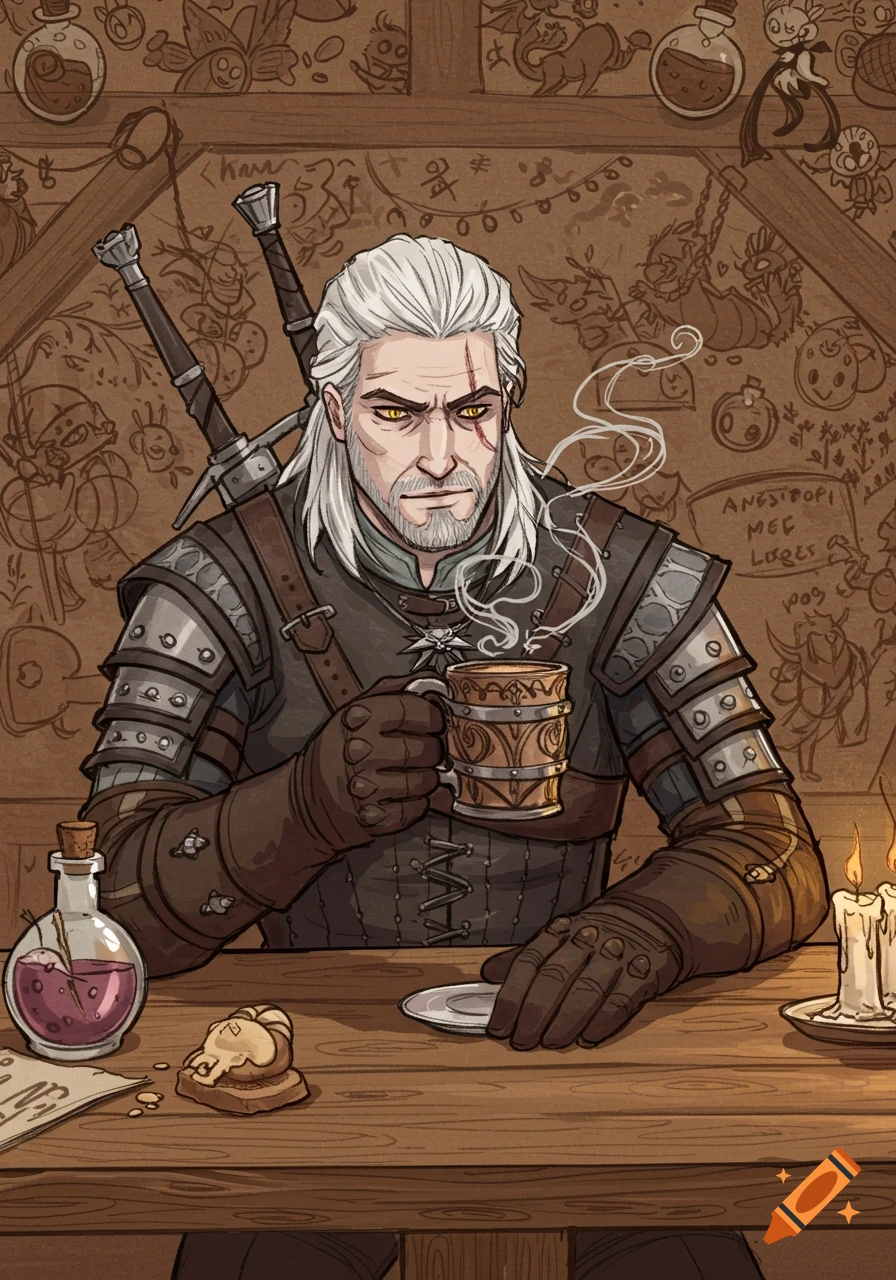 Geralt of Rivia, with white hair and yellow eyes, wearing armor, sips from a mug at a wooden table in a doodle art style.
