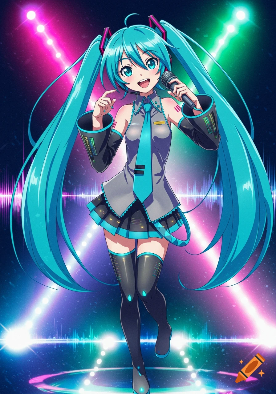 Anime character Hatsune Miku with long teal pigtails, singing into a microphone on a stage with bright pink and green spotlights.