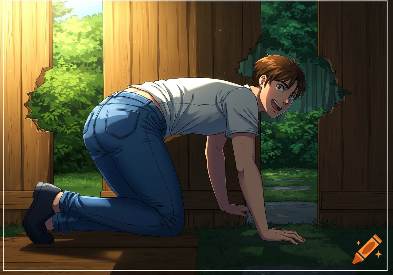 A guy in blue jeans and a white t-shirt crawls through a hole in a wooden fence into a lush green forest, anime style.