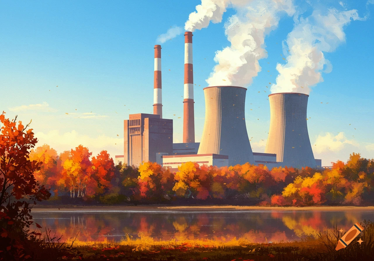 An illustrated power plant with cooling towers and smokestacks by a lake, surrounded by vibrant autumn trees.