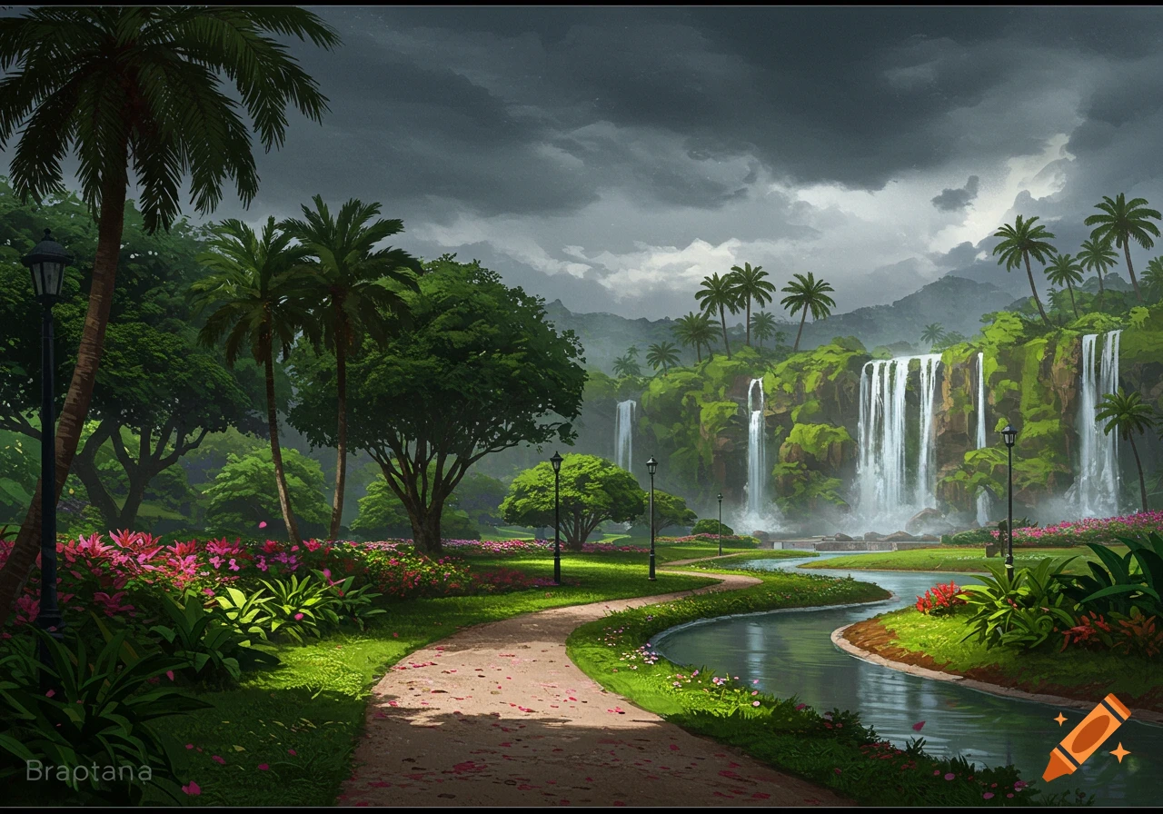 Vibrant tropical park landscape with waterfalls, palm trees, a winding river, and a path lined with pink flowers under a cloudy sky.