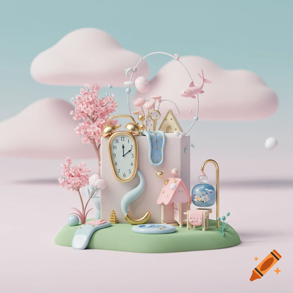 A whimsical 3D pastel illustration on a grassy mound, featuring a melting gold alarm clock, pink cherry blossom trees, and various dreamlike elements.